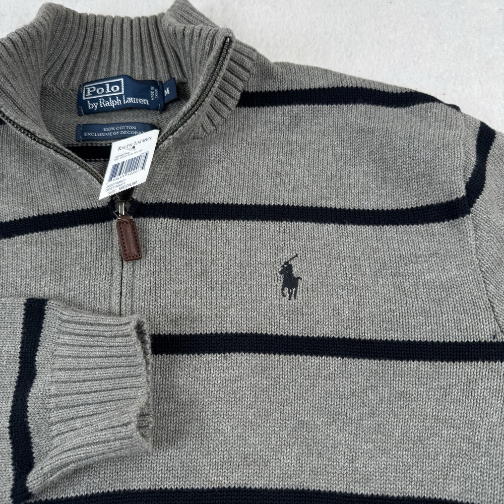 Polo By Ralph Lauren Sweater Mens Size M Gray Striped 1/4 Zip Mock Neck Knit - Picture 4 of 8